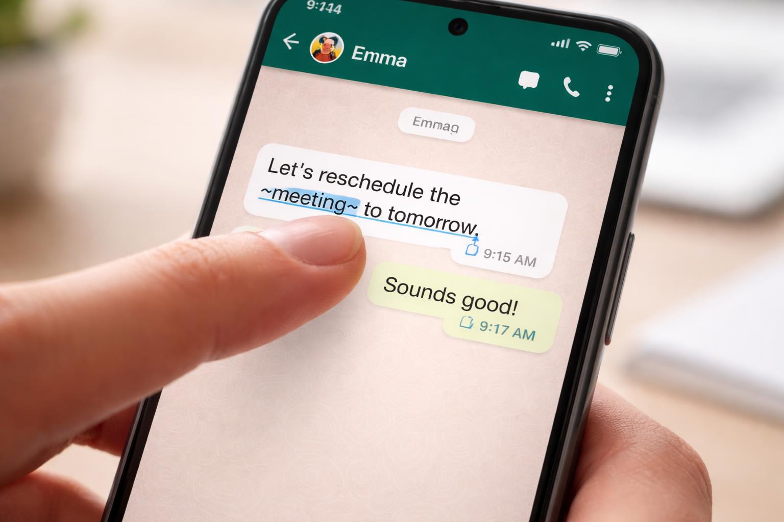Close-up de uma mão interagindo com a tela de um smartphone mostrando uma conversa no WhatsApp.