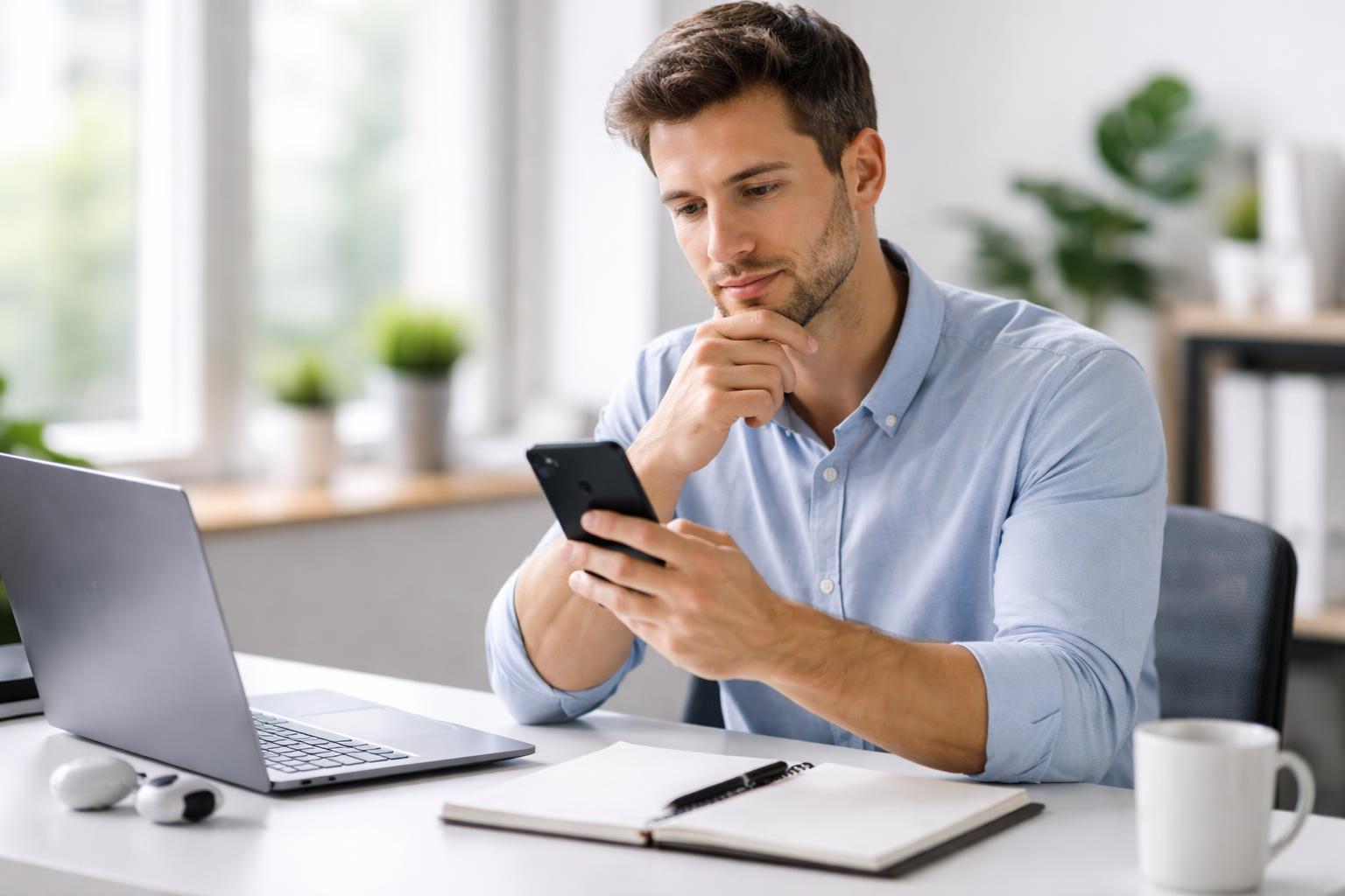 Pessoa sentada em uma mesa moderna segurando um celular e olhando para ele com expressão pensativa em um ambiente de escritório claro.