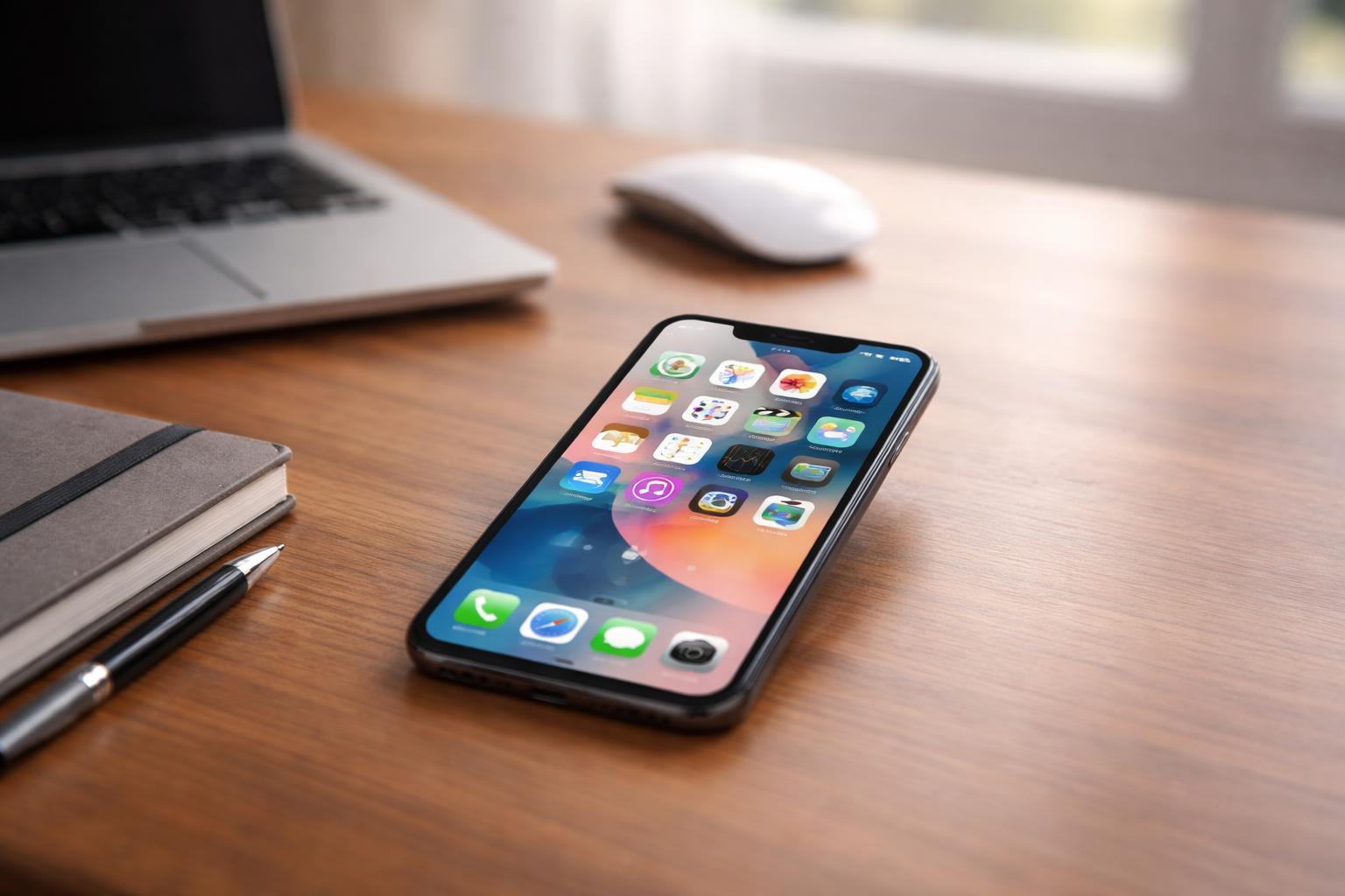 Um iPhone 13 sobre uma mesa de madeira em um ambiente de trabalho com laptop, mouse e caderno ao redor.