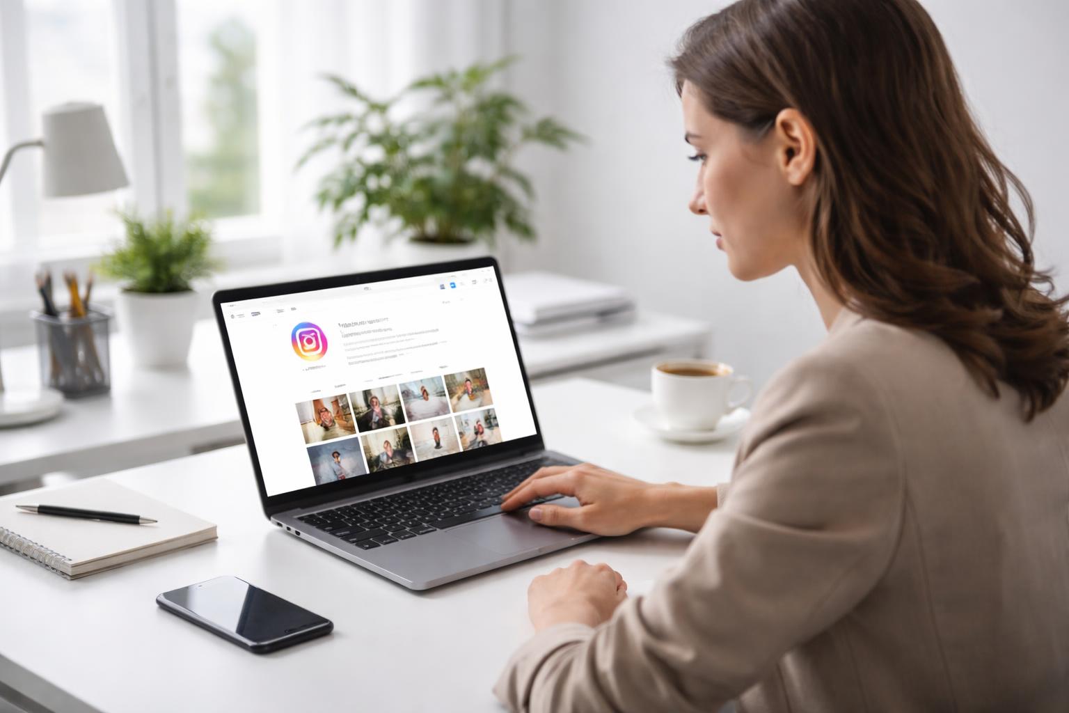 Pessoa sentada em uma mesa moderna usando um laptop com o aplicativo do Instagram aberto, em um escritório claro e organizado.