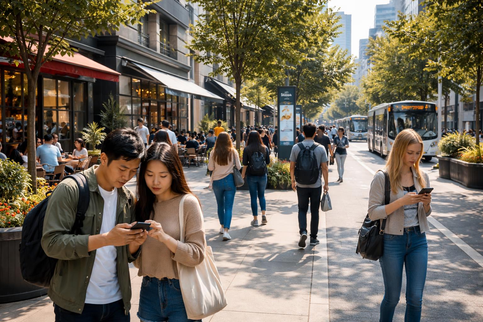 Rua movimentada de cidade com pessoas caminhando, lojas, cafés, árvores e áreas verdes ao redor.