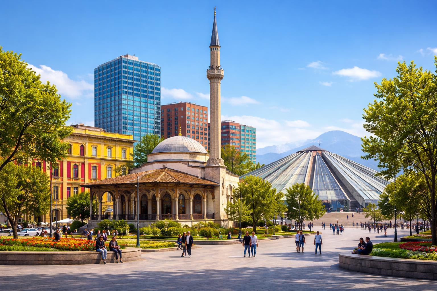Praça movimentada em Tirana com pessoas caminhando, edifícios coloridos, árvores verdes e o céu azul ao fundo.