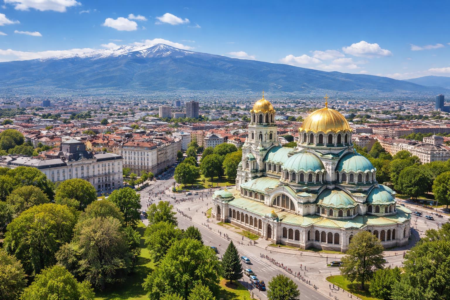 Vista panorâmica da cidade de Sofia na Bulgária com a Catedral Alexander Nevsky, árvores verdes, prédios modernos e montanhas ao fundo.
