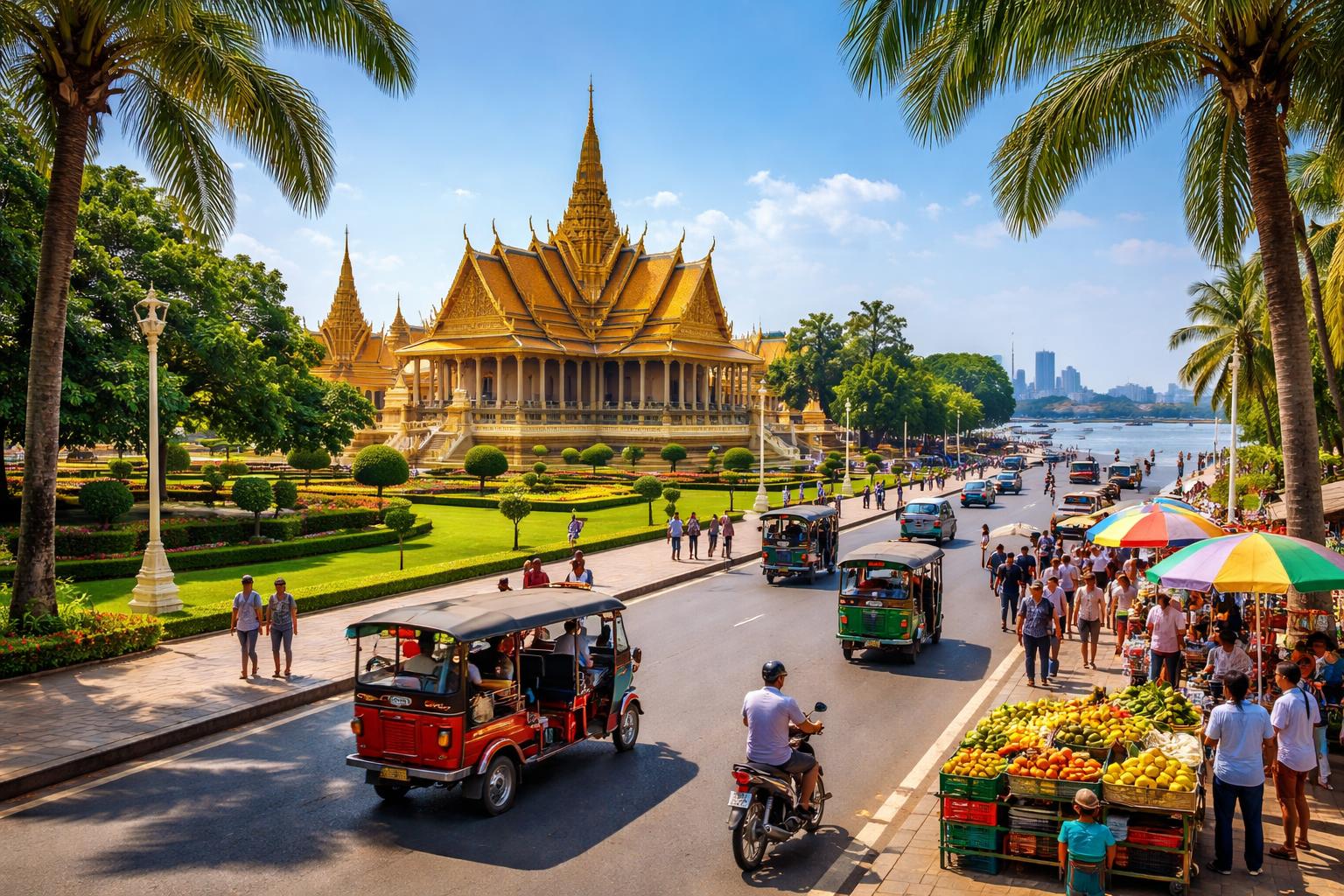 Cena vibrante da cidade de Phnom Penh com o Palácio Real, ruas movimentadas, vendedores ambulantes e o rio Tonle Sap ao fundo.