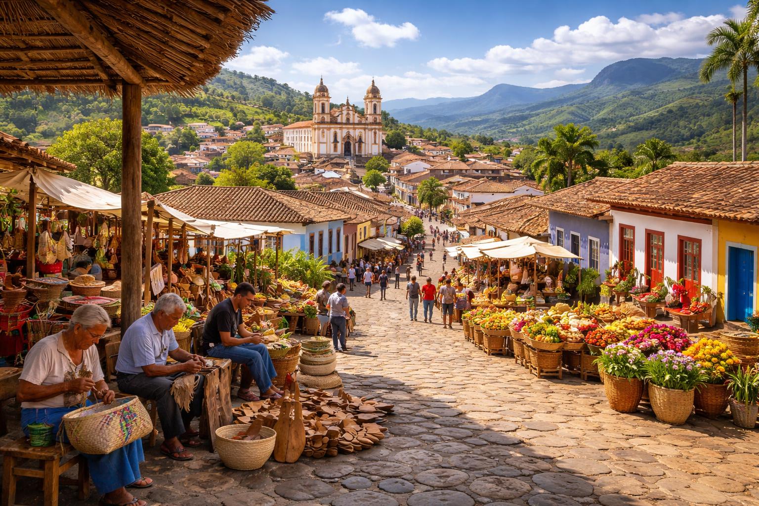 Vista panorâmica da cidade histórica de Prados MG com casas coloniais, artesãos trabalhando e mercado ao ar livre rodeado por colinas verdes.