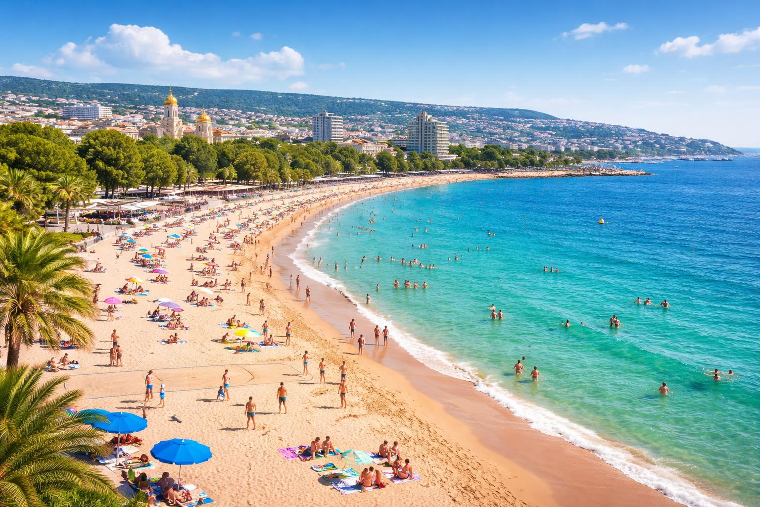 Praia ensolarada em Varna com pessoas aproveitando o mar e a areia, e a cidade ao fundo com prédios e áreas verdes.