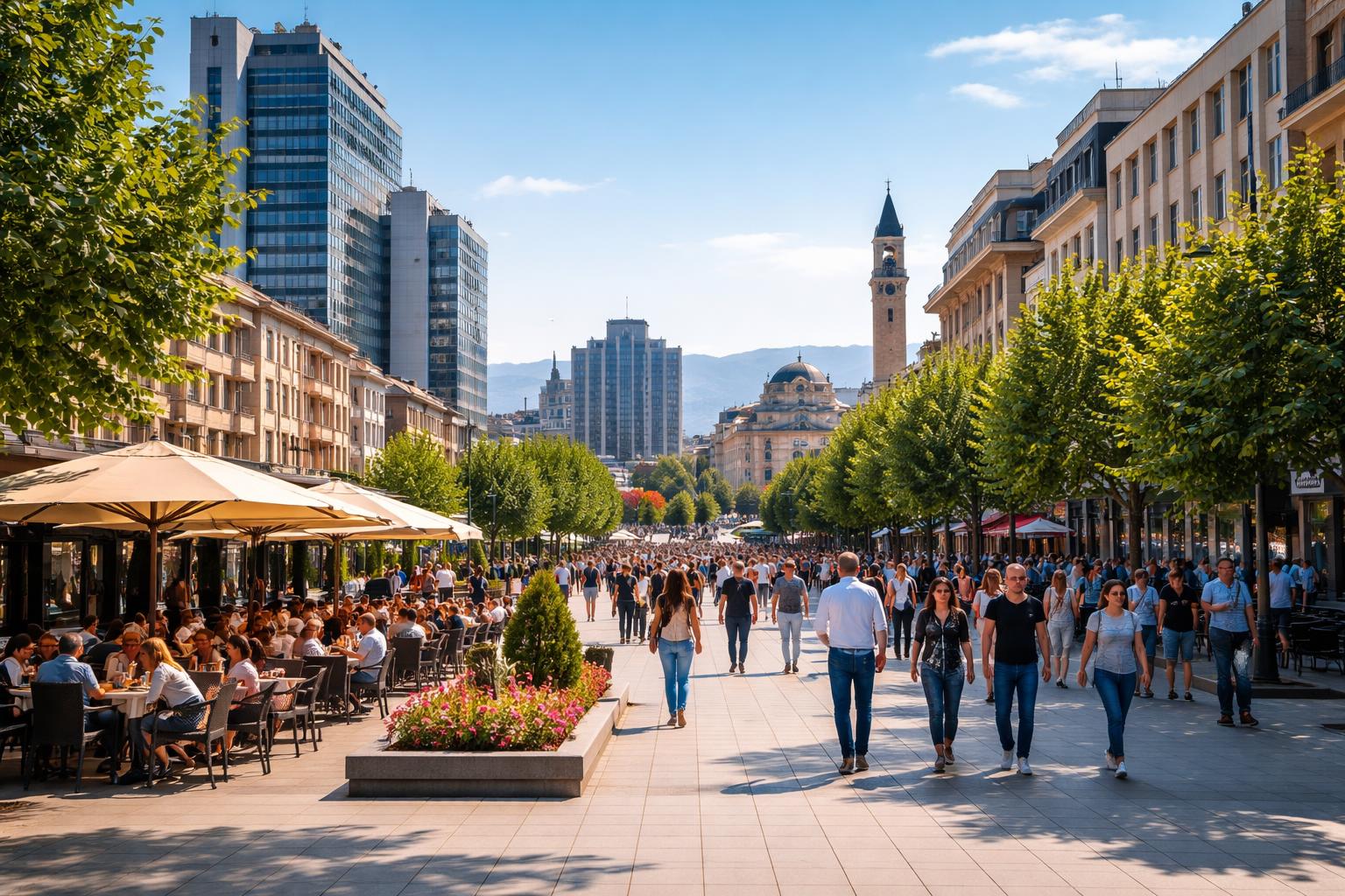 Cena urbana diurna de Pristina com prédios modernos e tradicionais, pessoas caminhando e cafés ao ar livre em uma rua arborizada.