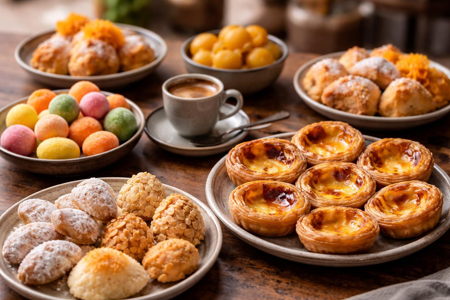 Mesa de madeira com uma variedade de doces tradicionais portugueses, incluindo pastel de nata, biscoitos de amêndoa coloridos e outros doces em pratos rústicos, acompanhados por uma xícara de café português.
