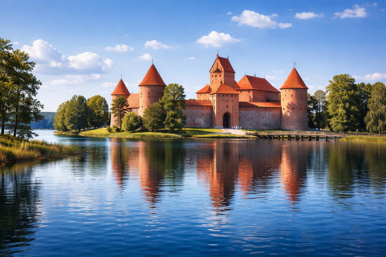 Castelo medieval de Trakai em uma ilha cercada por águas calmas e árvores verdes sob um céu azul com nuvens.