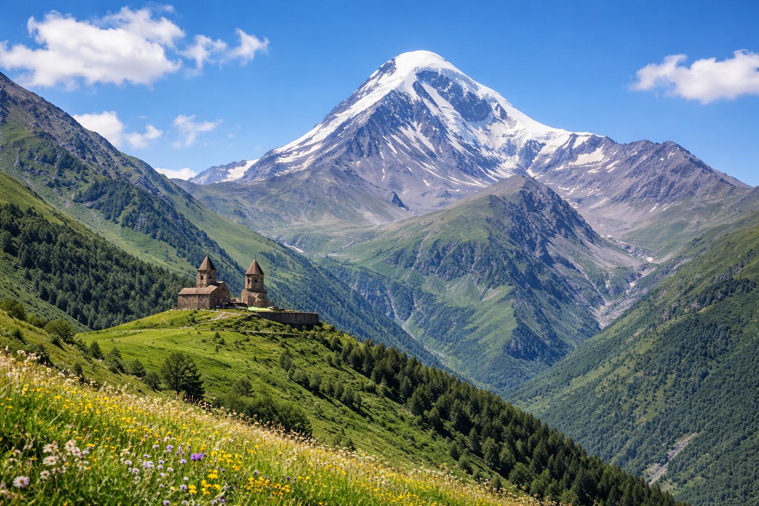 Montanha Kazbek com pico nevado ao fundo e a igreja de pedra Gergeti Trinity no topo de uma colina verde cercada por flores silvestres e grama.