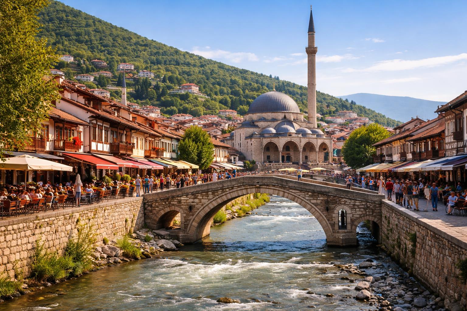 Vista da ponte de pedra sobre o rio Bistrica em Prizren, com pessoas caminhando pelas ruas de paralelepípedos e edifícios tradicionais ao fundo.