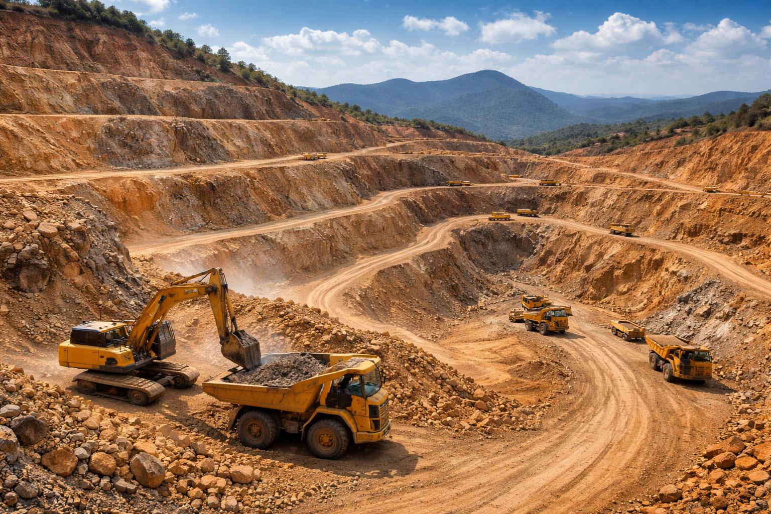 Vista da mina de ouro da Passagem com escavações em terraços, máquinas de mineração e céu azul ao fundo.