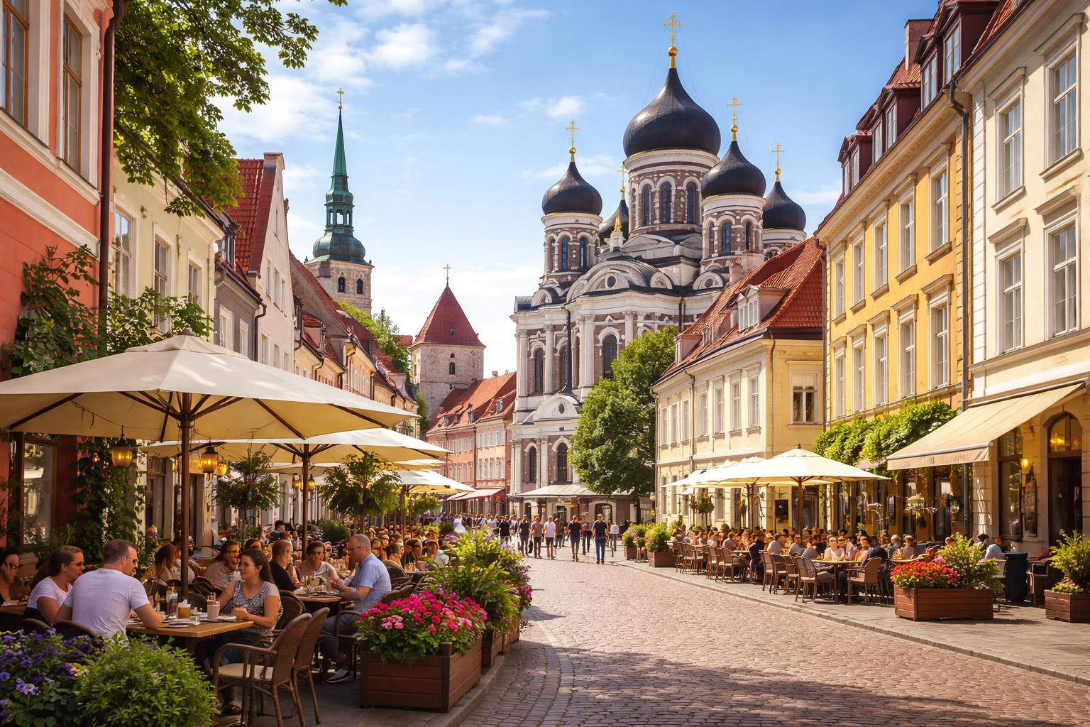 Vista da cidade de Tallinn com ruas de paralelepípedos, prédios históricos coloridos, a Catedral Alexander Nevsky e pessoas em um café ao ar livre em um dia ensolarado.