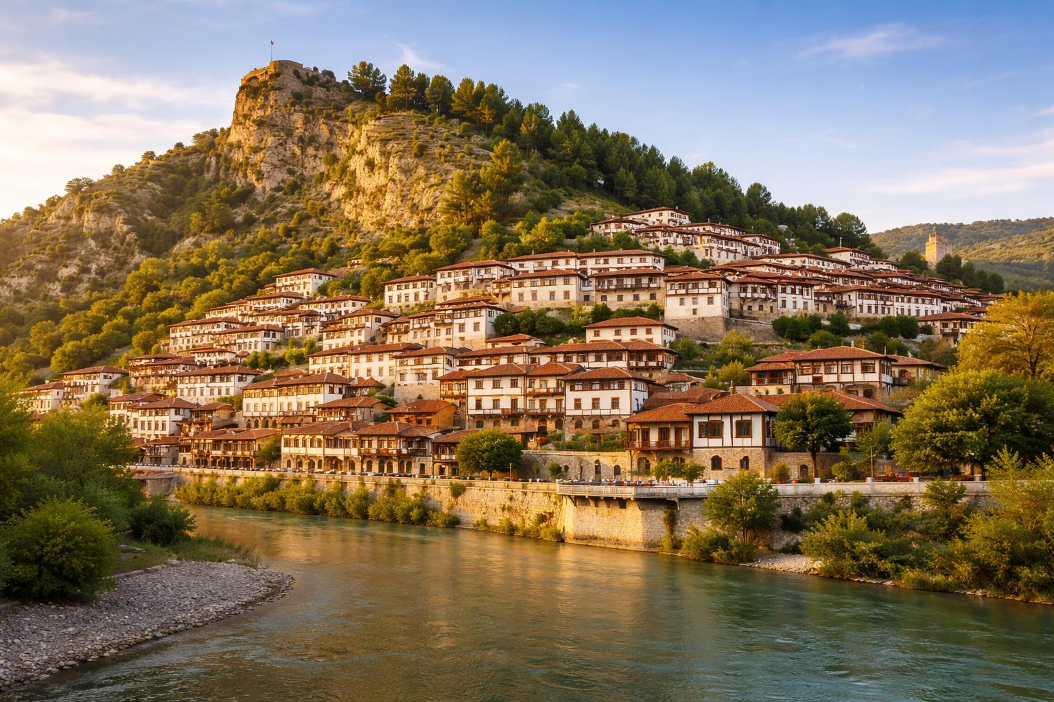 Vista panorâmica da cidade histórica de Berat, Albânia, com casas brancas de telhados vermelhos, castelo antigo no topo da colina e rio Osum ao fundo.