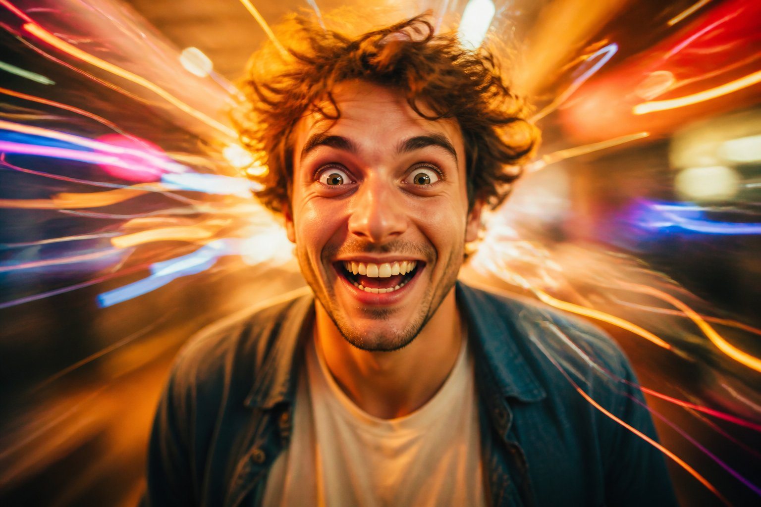 Pessoa jovem com expressão intensa e sorriso largo, cercada por luzes coloridas e padrões abstratos que representam energia e agitação mental.