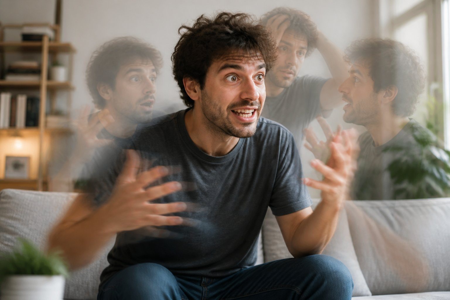Pessoa jovem em uma sala iluminada, com expressão intensa e gestos animados, transmitindo energia elevada e agitação.