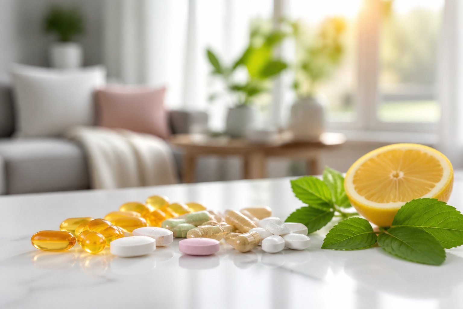 Vários comprimidos coloridos e cápsulas de vitaminas sobre uma superfície branca, com folhas verdes e uma fatia de limão ao lado, em um ambiente tranquilo e iluminado.