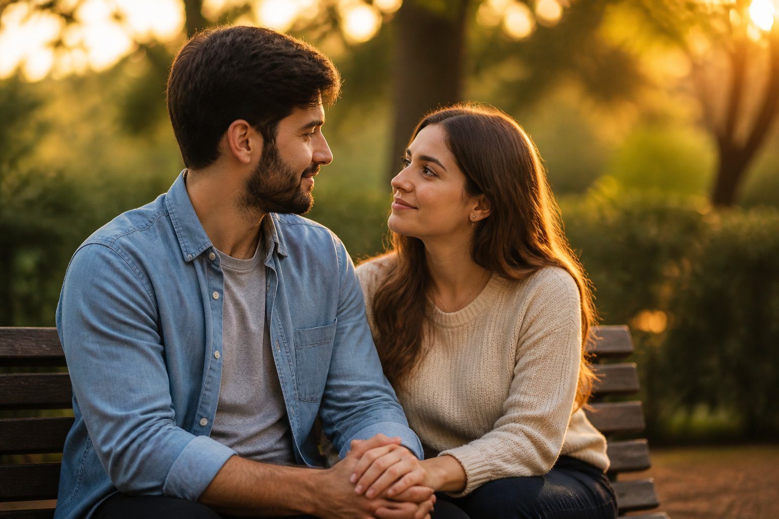 Um casal jovem sentado em um banco de parque, olhando nos olhos um do outro com sorrisos suaves, segurando as mãos em um ambiente ao ar livre com árvores e luz do sol.