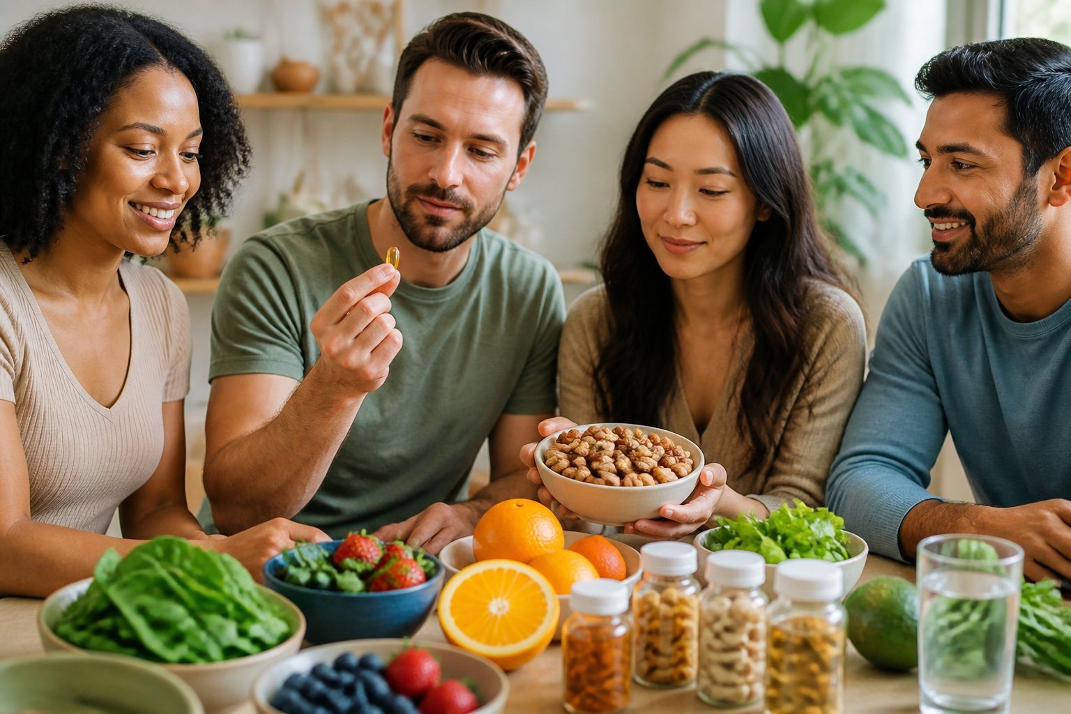 Pessoas em volta de uma mesa com alimentos saudáveis e suplementos, representando o papel das vitaminas na saúde mental.