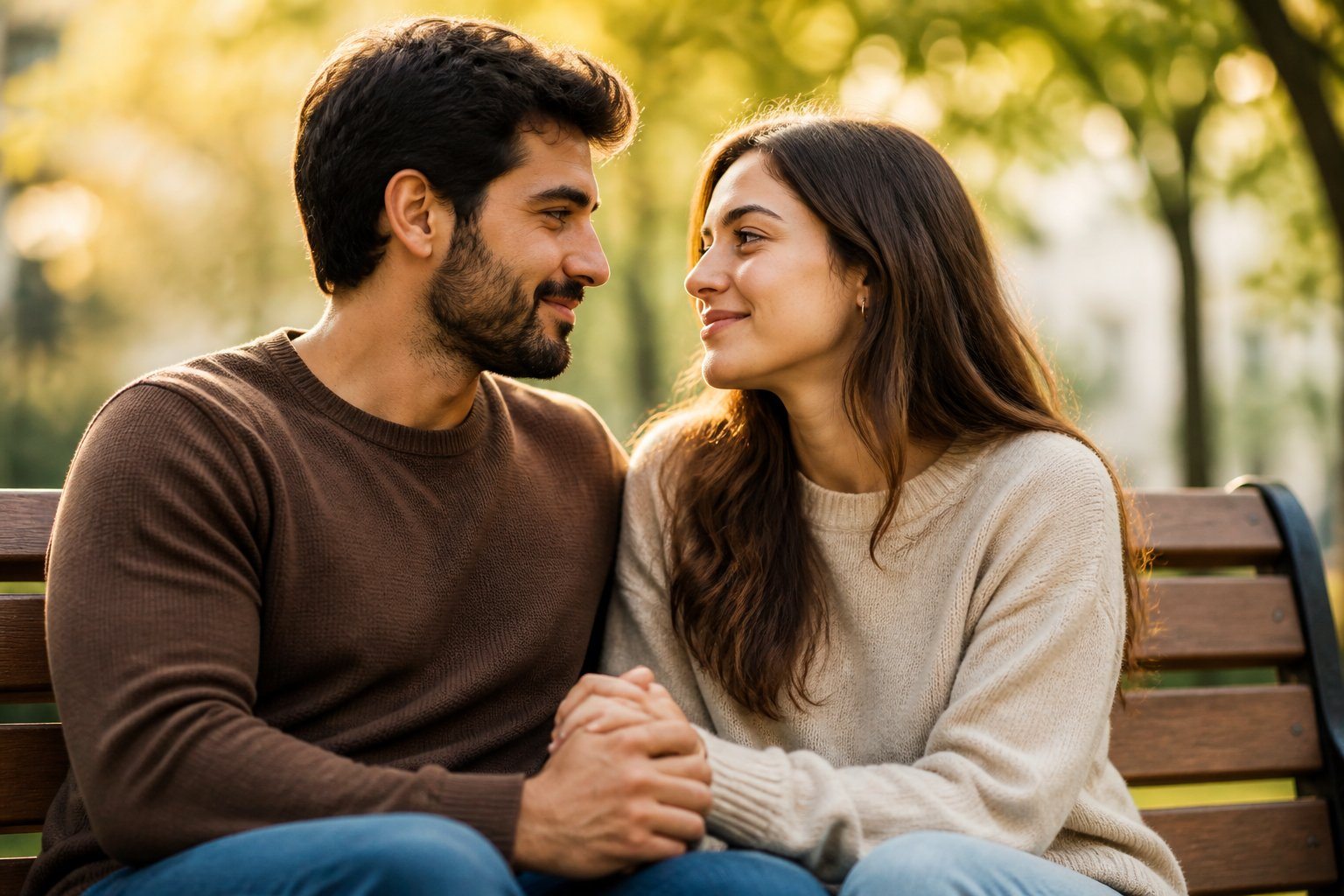 Um casal sentado junto, olhando nos olhos um do outro com carinho e segurando as mãos em um ambiente acolhedor.