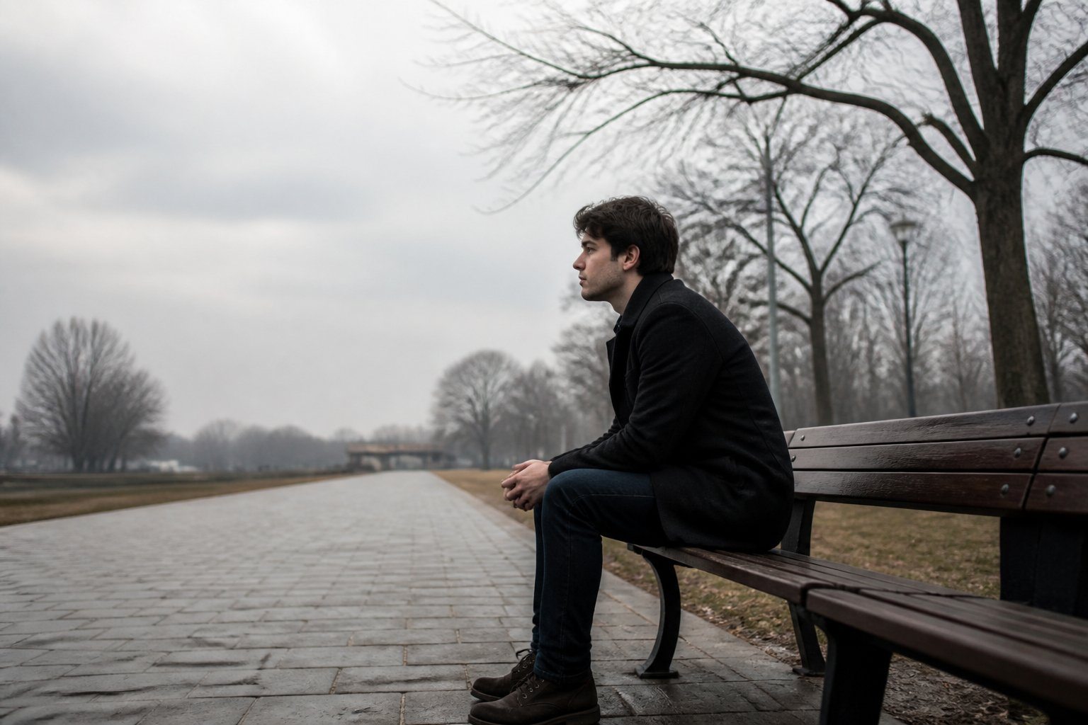 Pessoa jovem sentada sozinha em um banco vazio de um parque urbano, com expressão pensativa e distante.