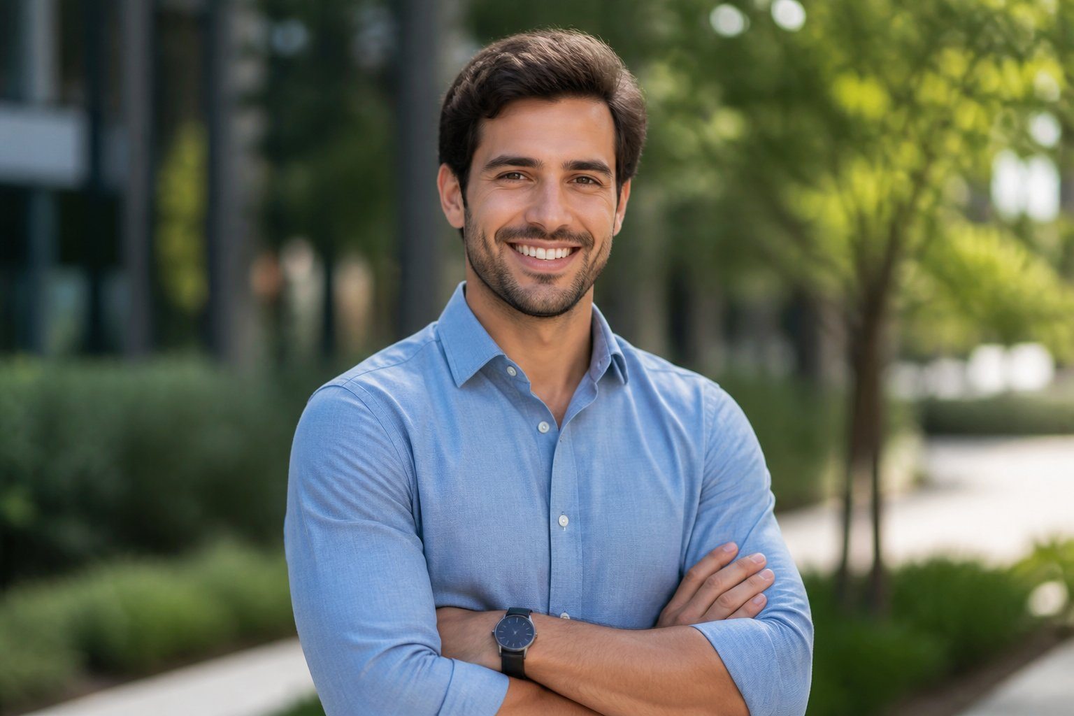 Pessoa jovem confiante sorrindo ao ar livre com postura aberta e ambiente natural ao fundo.