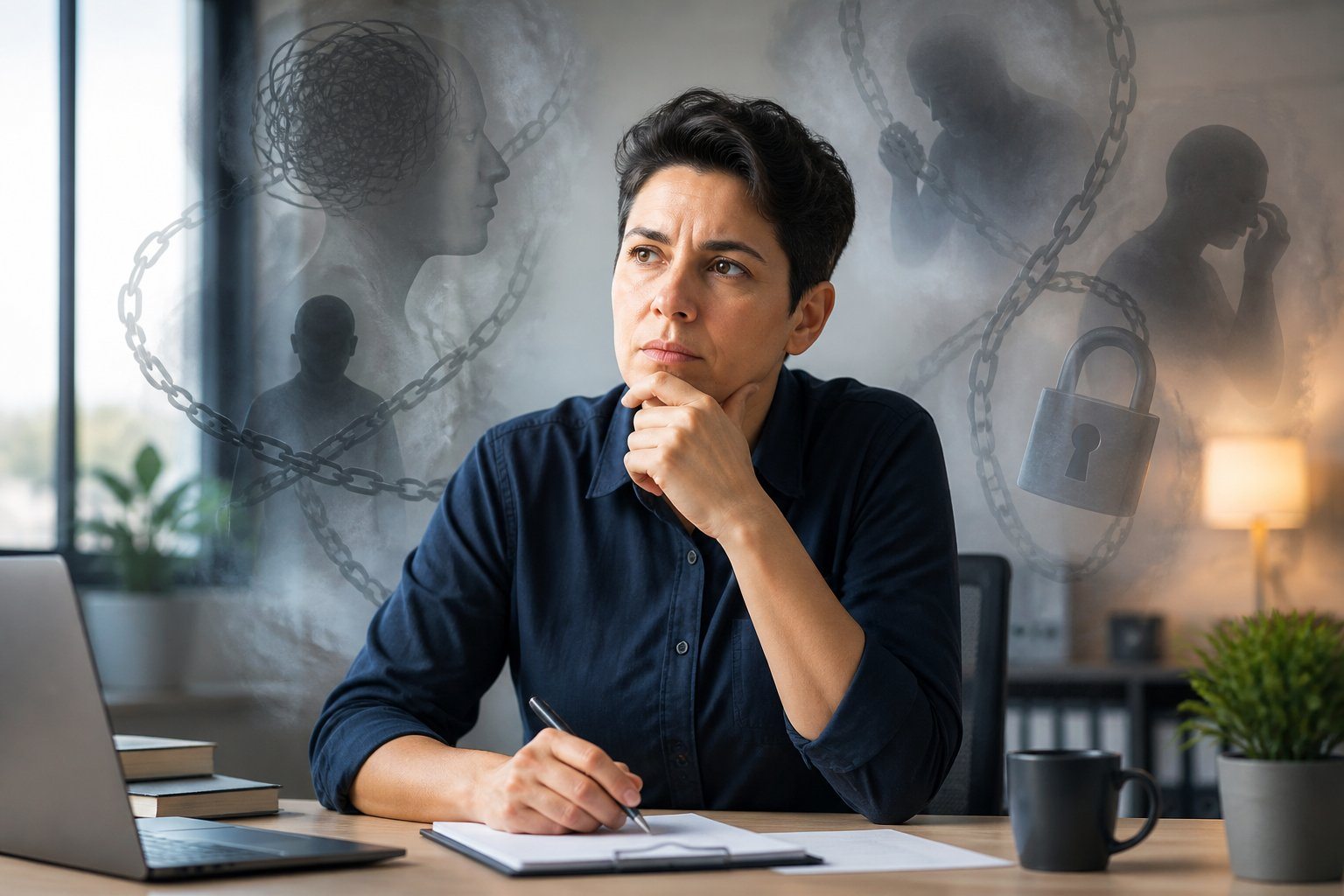 Pessoa pensativa sentada em uma mesa de escritório, refletindo profundamente com símbolos abstratos representando barreiras mentais ao redor.