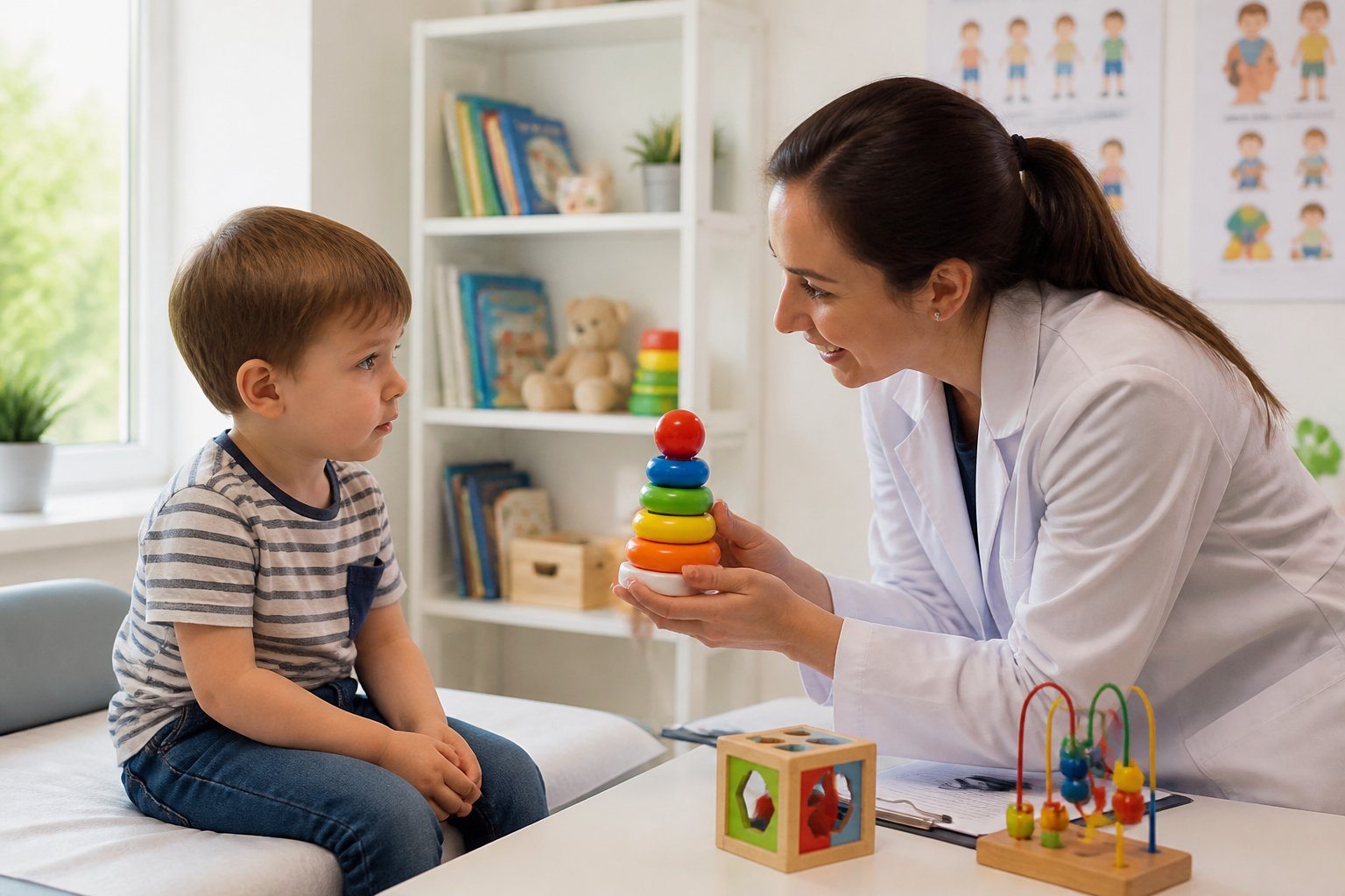 Pediatra interagindo de forma gentil com uma criança pequena em um consultório médico, usando brinquedos para avaliar o desenvolvimento infantil.