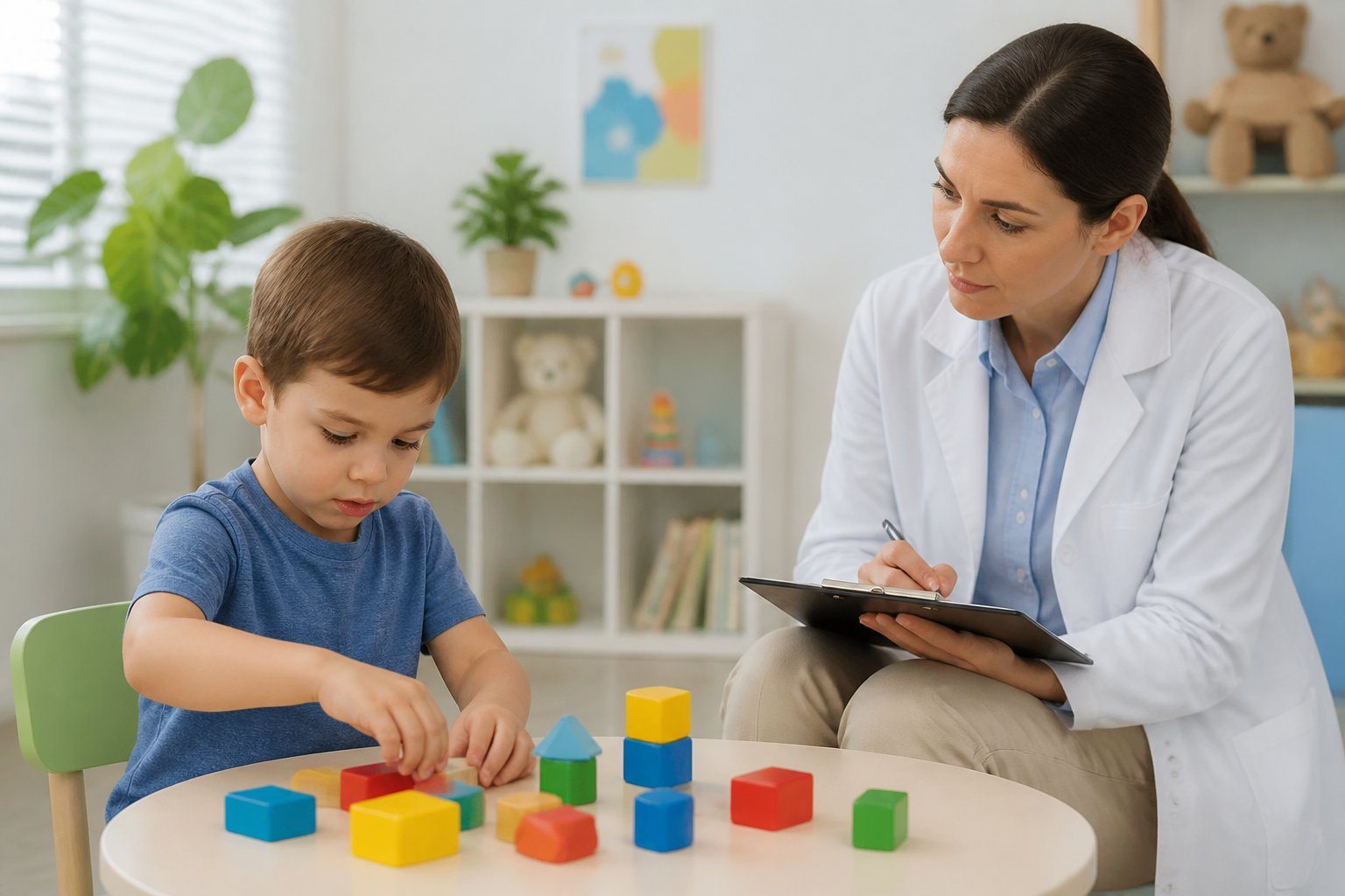 Pediatra observando atentamente uma criança pequena brincando com brinquedos coloridos em uma sala de clínica infantil.