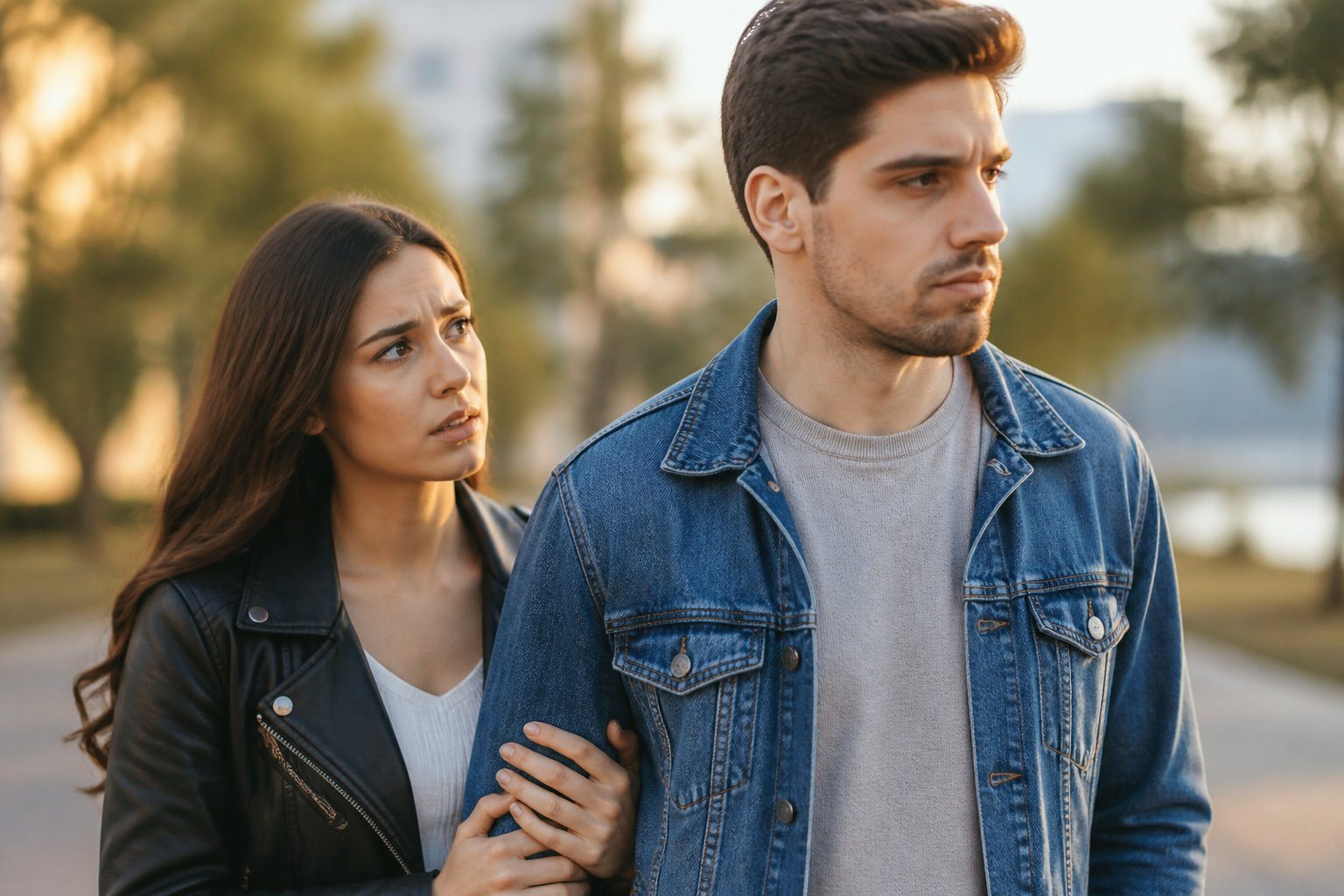 Uma mulher segurando o braço de um homem que olha para longe, mostrando tensão emocional entre eles em um parque.