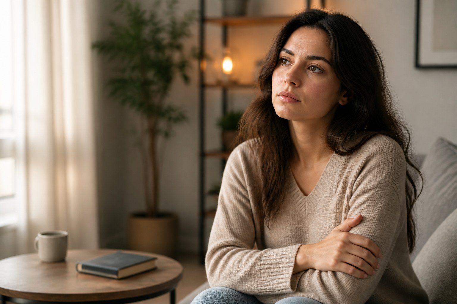Mulher jovem sentada sozinha em uma sala de estar, com expressão pensativa e braços cruzados, transmitindo introspecção e possessividade.