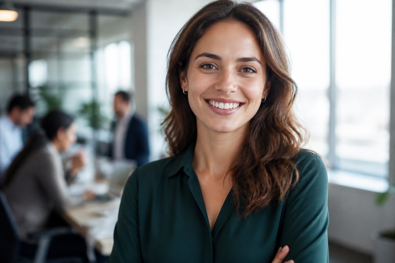 Mulher jovem e carismática sorrindo em um escritório moderno, com pessoas ao fundo trabalhando.