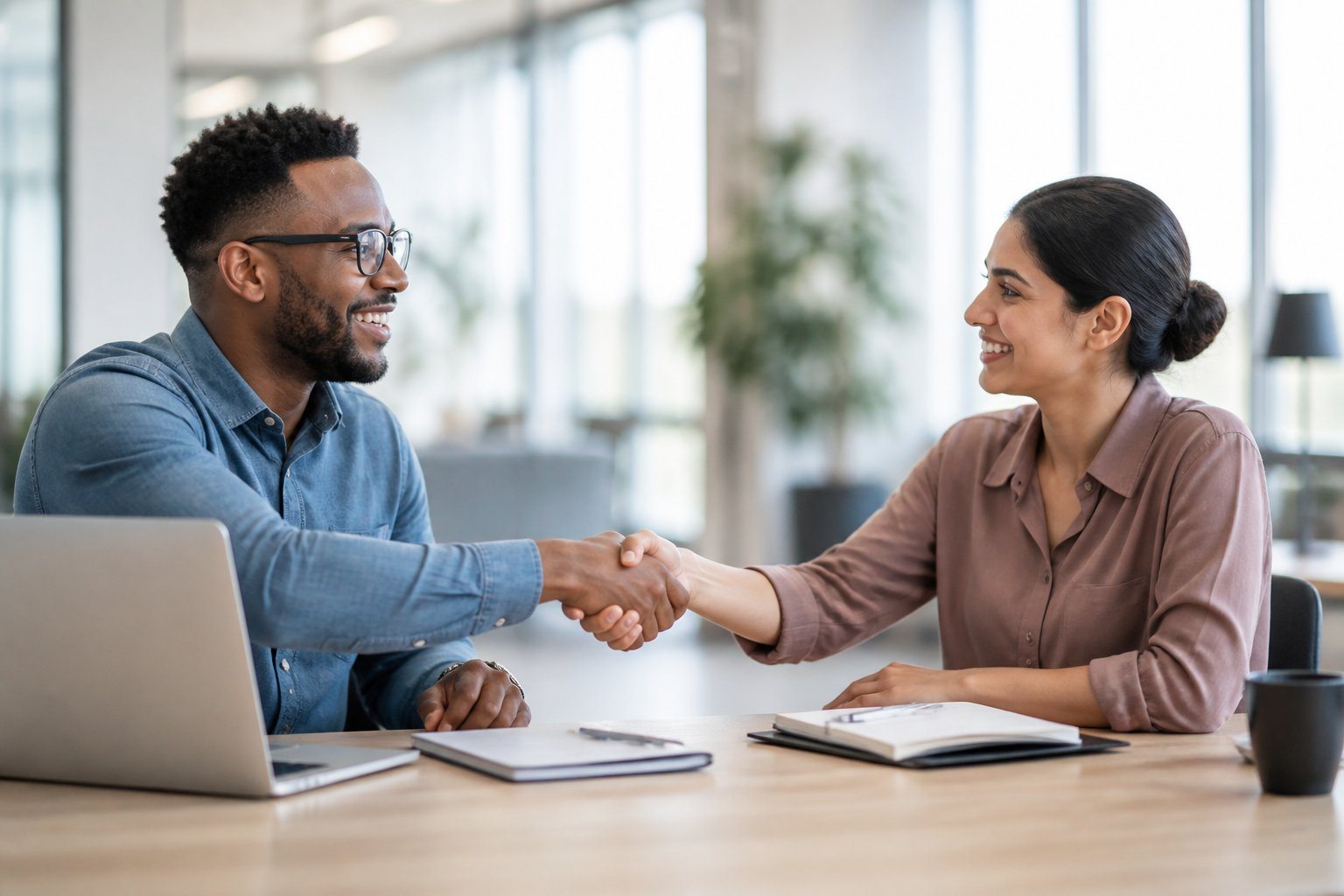 Duas pessoas sentadas frente a frente em uma mesa de escritório, sorrindo e apertando as mãos em sinal de respeito e confiança mútua.