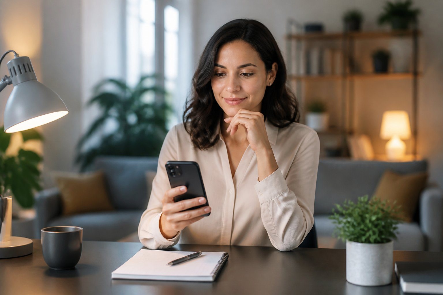 Mulher jovem sentada em uma mesa olhando para o celular com expressão calma e confiante em uma sala aconchegante.