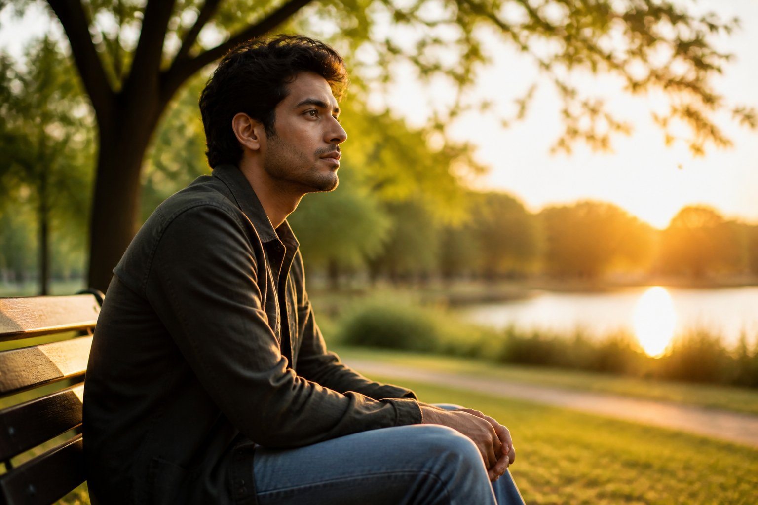 Pessoa jovem sentada sozinha em um banco de parque, olhando pensativa para o horizonte em um ambiente calmo e ensolarado.