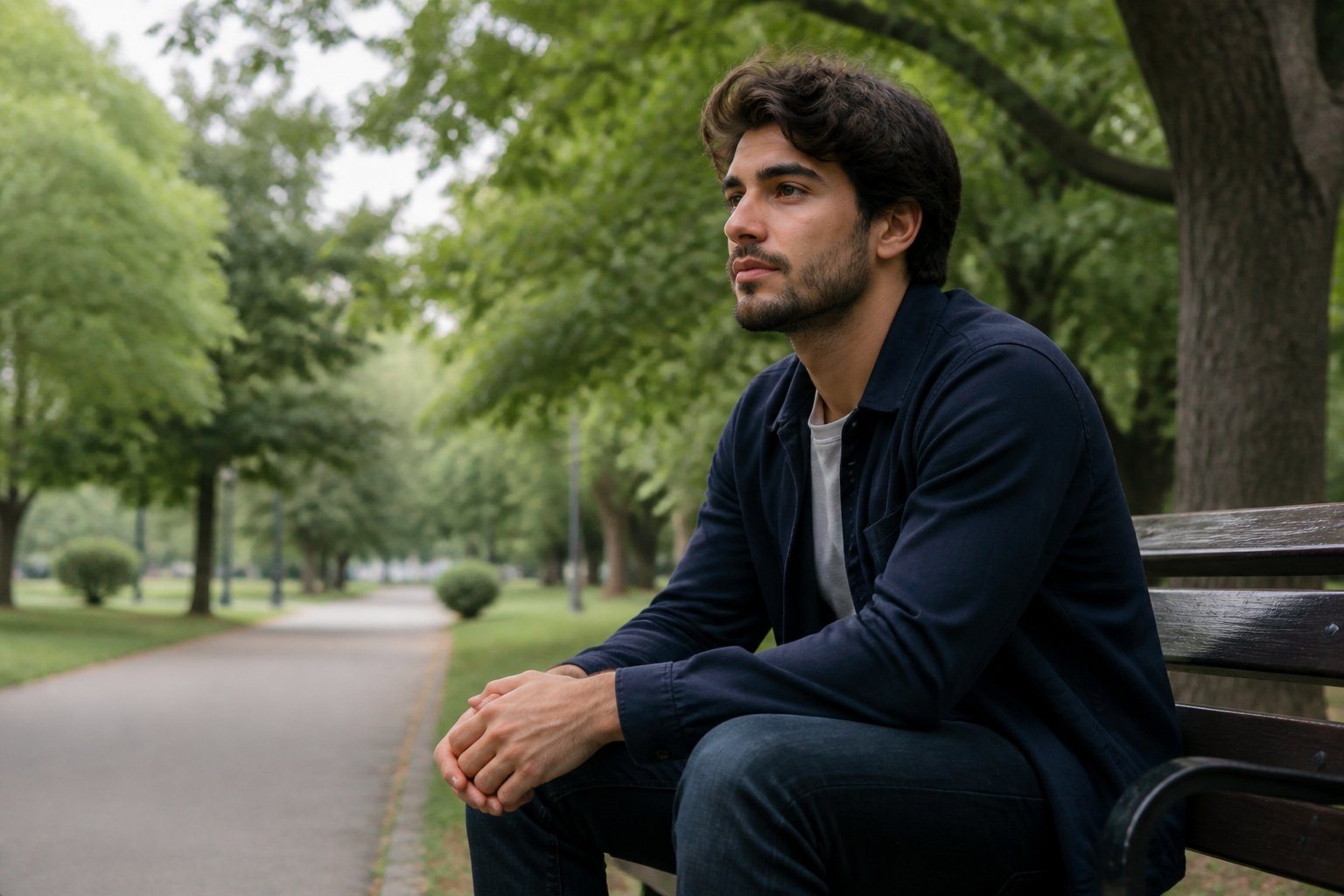 Pessoa jovem sentada sozinha em um banco de parque, olhando pensativa para o horizonte em um dia calmo e nublado.