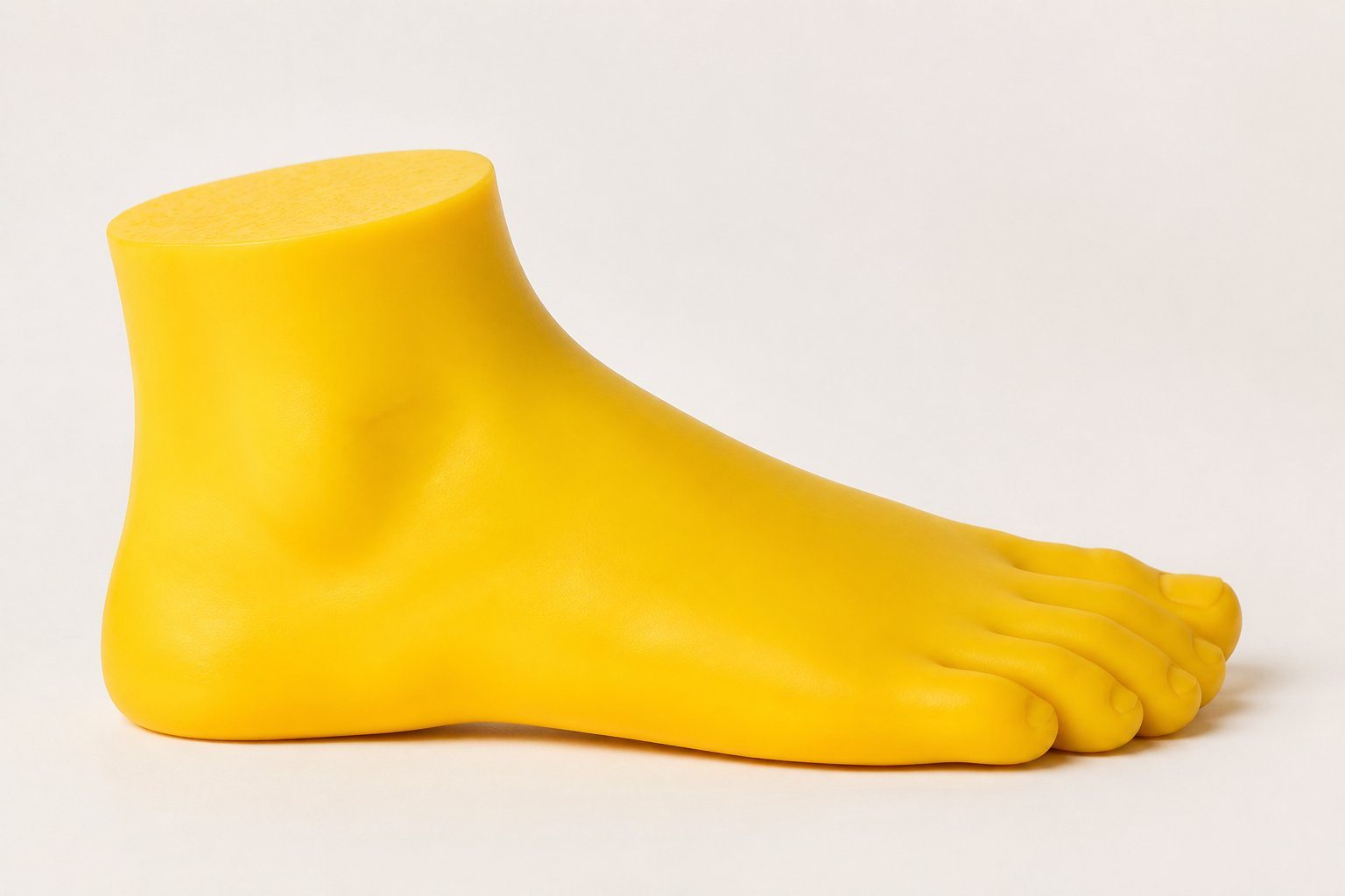 Objeto amarelo em forma de pé sobre fundo neutro.