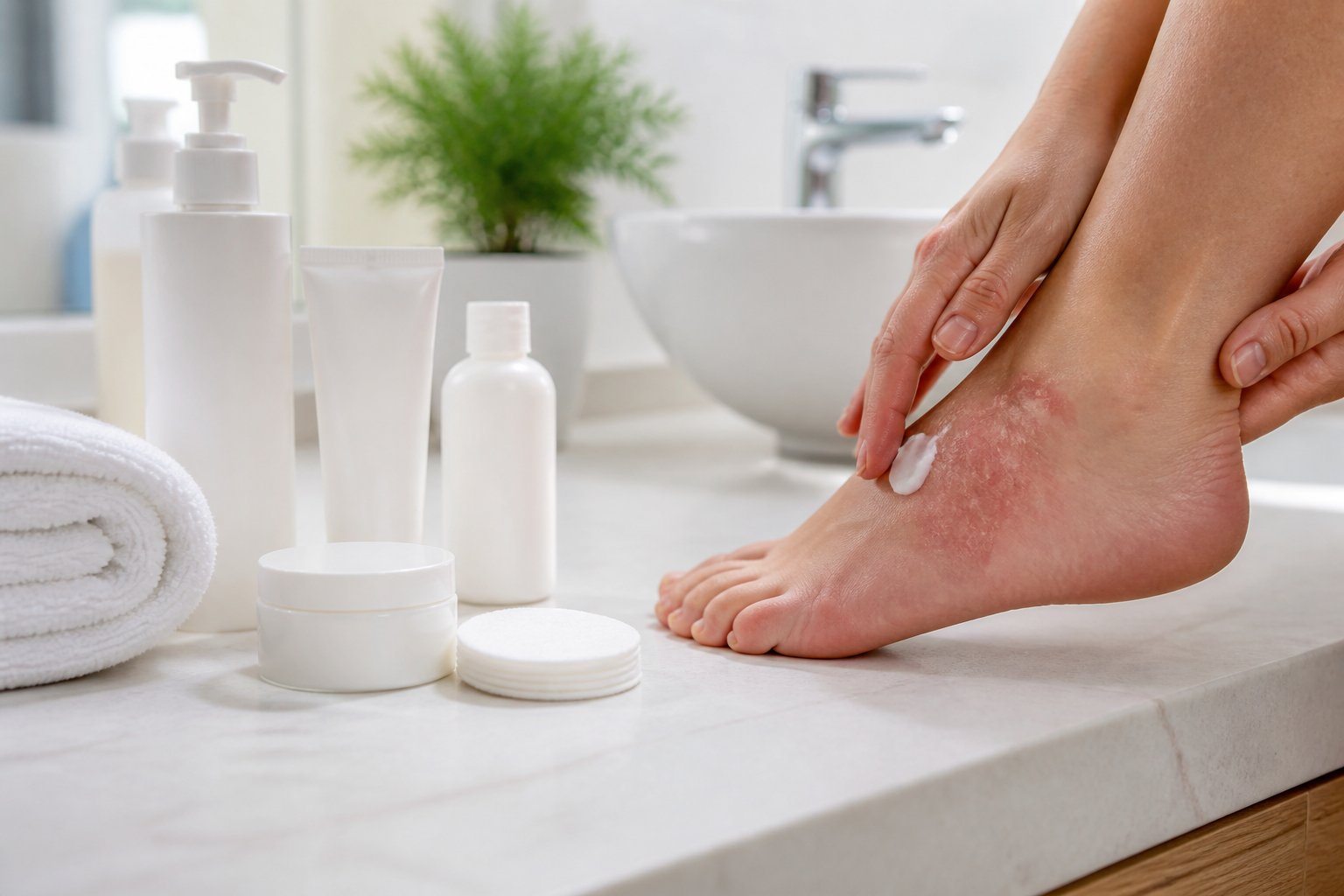 Mãos aplicando creme em um pé com área afetada, com produtos de cuidados pessoais organizados em uma bancada de banheiro.